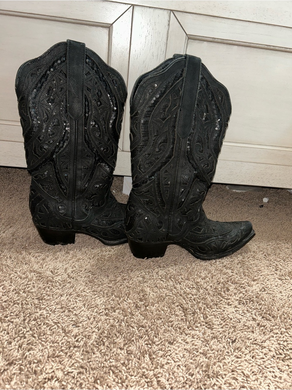 Black Sequin Embroidered Western Heeled Boots